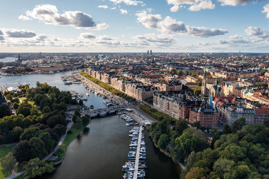 Sweden, Stockholm County, Stockholm, Aerial view of Strandvagen boulevard and Ostermalm district