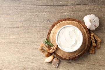 Concept of tasty food with garlic sauce, space for text