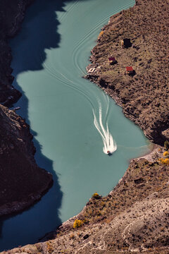 Speed boat in Sulak canyon river at dagestan Russia