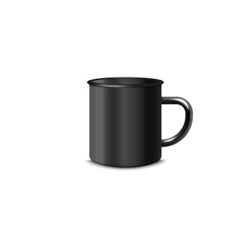 Black Colored Enamel Mug In Realistic 3d Style, Vector Illustration Isolated On White Background.