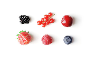 set of different berries on a white background, such as strawberries, cherries, raspberries, blueberries, currants, blueberries.