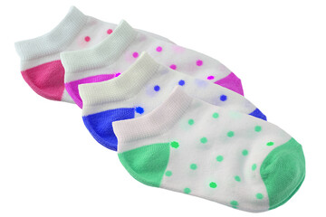 Colorful set of four baby socks isolated on a white background. Baby fashion.