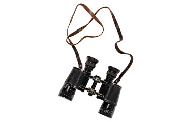 Vintage binoculars isolated. Close-up of an old german Binoculars with leather straps used from...