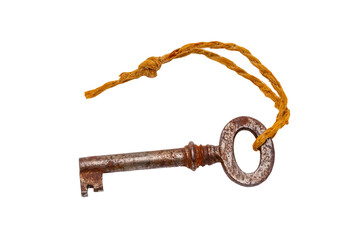 Vintage keys isolated. Close-up of an old rusty key of an old large padlock hanging on a string...
