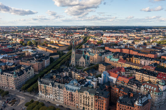 Sweden, Stockholm County, Stockholm, Aerial view of Oscars Church and surrounding houses of Ostermalm district