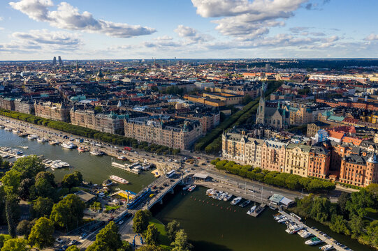 Sweden, Stockholm County, Stockholm, Aerial view of Strandvagen boulevard and Ostermalm district