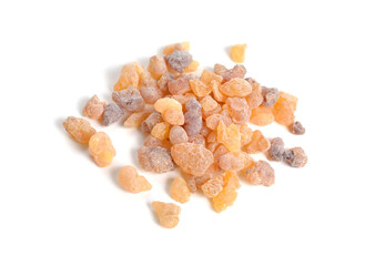 Frankincense, also known as olibanum, is an aromatic resin. Isolated on white background