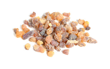 Frankincense, also known as olibanum, is an aromatic resin. Isolated on white background