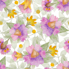 Watercolor style lilac and yellow flowers on a white background. Seamless pattern. Floral ornament. Wallpaper. Printing on paper and fabric. Scrapbooking, packaging, wrapper, postcard. Print.