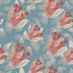 Watercolor style red flowers and buds on a blue background. Seamless pattern. Floral ornament. Wallpaper. Printing on paper and fabric. Scrapbooking, packaging, wrapper, postcard. Print.