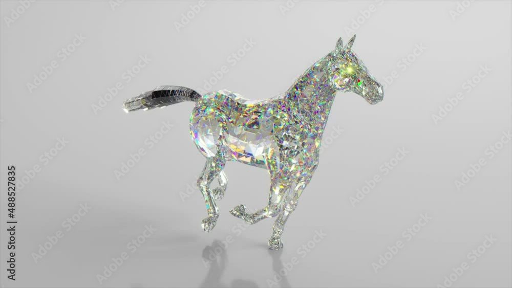 Poster the diamond horse is running. the concept of nature and animals. low poly. white color. 3d animation