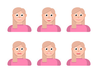Various emotions for kids. Friendly, joyful, happy, sad, angry, surprised. Cute young girl emoji with different facial expressions. Vector illustration in cartoon style.