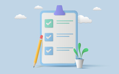 White clipboard with checklist and pencil drawing ticks checking selection marks on sky blue background. Planning and organization of work. 3d Vector illustration.