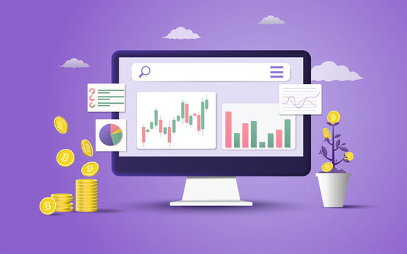 Data analytics, online trading, Growing financial index, dashboard and business finance report, on computer. Global stock exchanges index. Forex trading concept. 3d  Vector illustration 