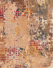 Peeling paint background in yellow, ochre, red, grungy, monoprint