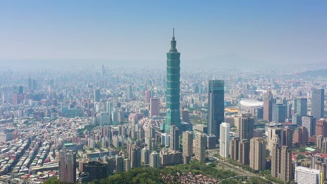 sunny day taipei city center famous skyscraper tower district aerial panorama 4k taiwan