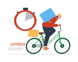 The courier on a bicycle quickly carries the order. Express delivery of groceries and ready meals from cafes and restaurants. Fast delivery of goods. Flat vector illustration. Eps10