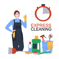 Cleaning girl shows like. Express cleaning service. Cleanliness and order service with home and office visits. Flat vector illustration. Eps10