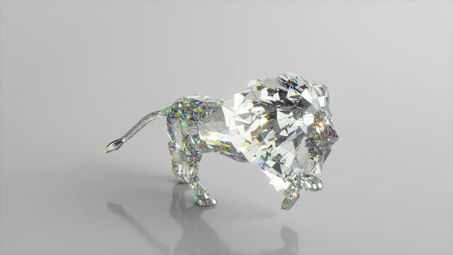 Running diamond lion. The concept of nature and animals. Low poly. White color. 3d animation of seamless loop
