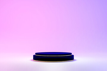 Blank dark blue cylinder podium in  studio with red and purple LED light, futurlistic concept, showcase for product, 3d rendering