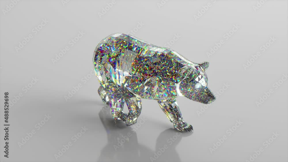 Poster diamond bear is walking. the concept of nature and animals. low poly. white color. 3d animation of s