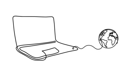 Abstract laptop with globe as line drawing on white as background. Vector