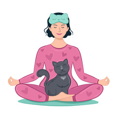 Vector illustration woman in meditation morning with cat and sleep mask