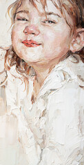 .Little girl laugh. The child smiles. Oil painting on canvas.