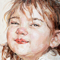 .Little girl laugh. The child smiles. Oil painting on canvas.