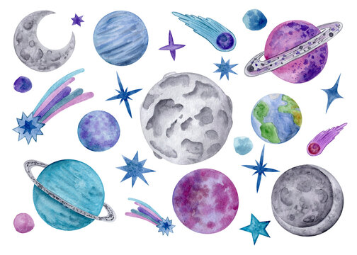 Watercolor illustartion of space objects, planets. hand drawn astronomy elements isolated on white background elements set.