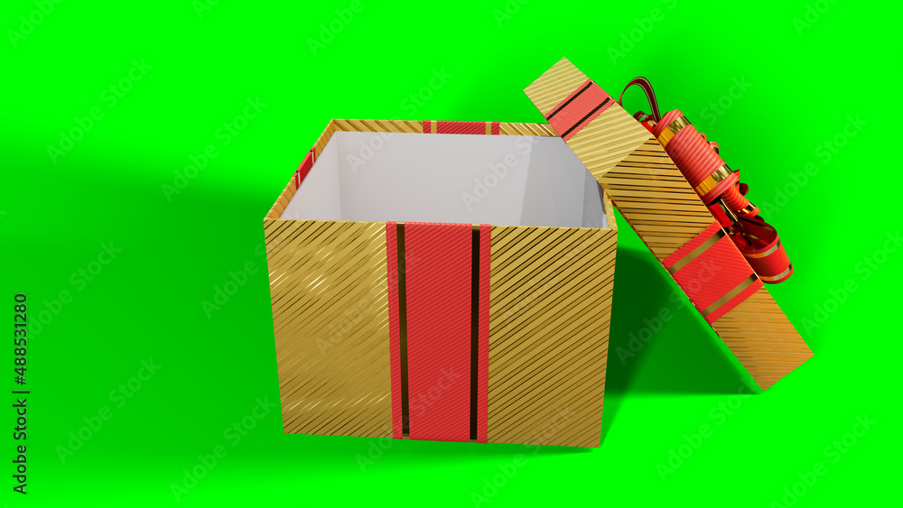Aufkleber opened decorated gold and red present on chroma key screen, isolated - object 3d rendering