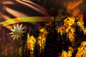 Big forest fire fight concept, natural disaster - burning fire in the trees on Nauru flag background - 3D illustration of nature