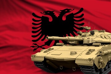 Albania modern tank with not real design on the flag background - tank army forces concept, military 3D Illustration