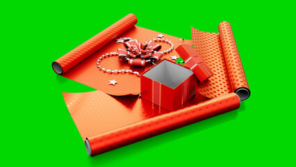 red decoration paper and giftbox on chroma key screen, isolated - object 3D illustration