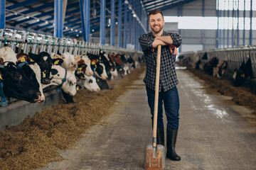Farmer at cowshed with pitchfork cleaning up © Petro