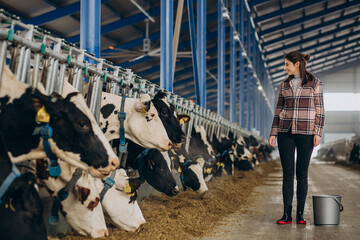 Young woman with bucket and at the cowshed feeding cows