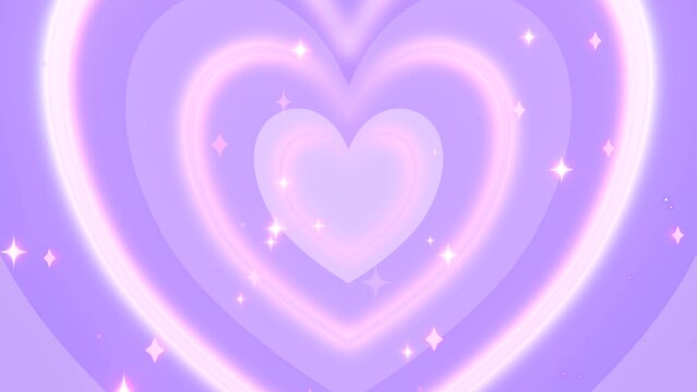 Looped cartoon purple hearts pattern with glowing sparkles animation.