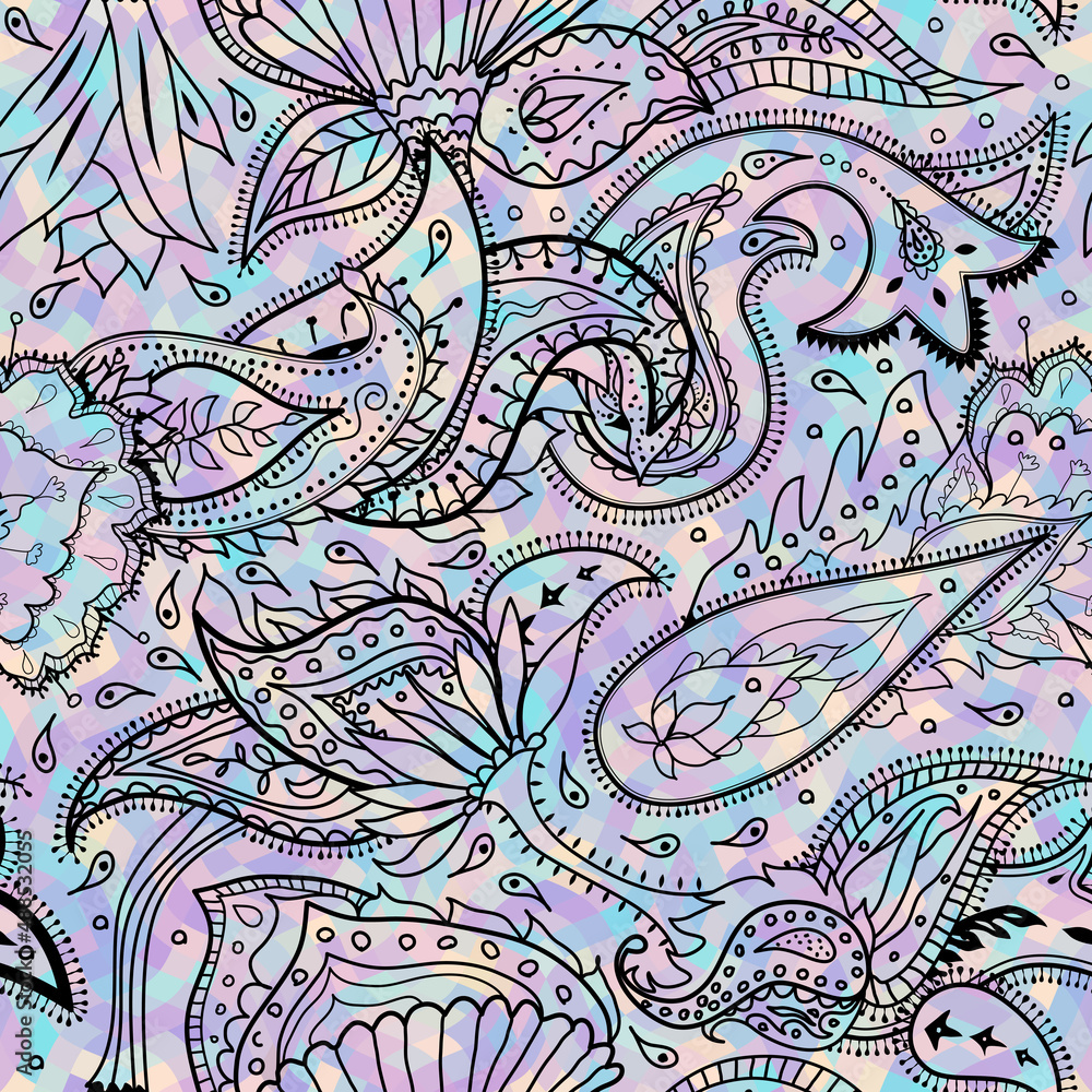 Poster seamless pattern paisley pattern background with defocused wavy background.
