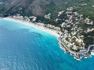 Aerial view of Bergeggi island, heart island from above, in Liguria, north Italy. Drone photography of the Ligurian coast, province of Savona with Spotorno and the island of Bergeggi.