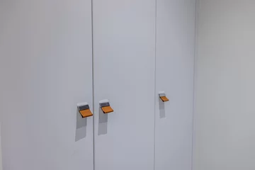 Fototapeten Ligne droite verticale armoire menuiserie porte blanche et poignée en cuir © studio D. Photo