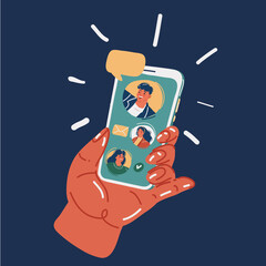 Cartoon vector illustration of hand holds smartphone searching for romantic relationship, dating app