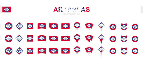 Large collection of Arkansas flags of various shapes and effects.