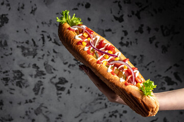Hot Dog with toppings in woman's hand on a dark background. Food background. fast food and junk food concept, Street food
