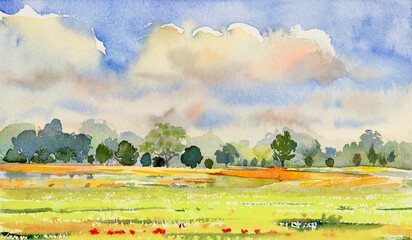 Watercolor landscape painting panorama colorful of natural beauty. © Painterstock