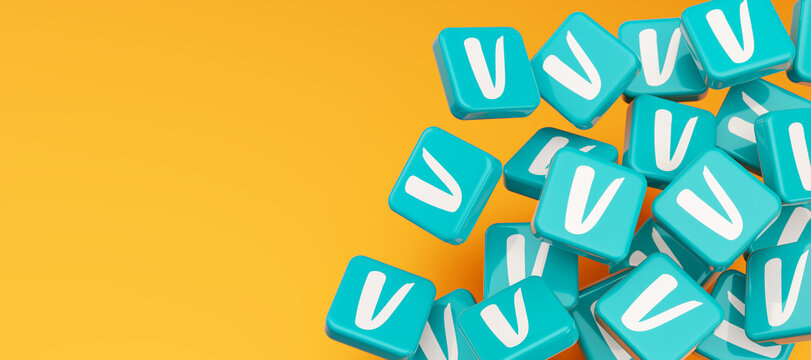 Guilherand-Granges, France - February 21, 2022. Cubes with Vinted logo. Lithuanian Online marketplace to sell buy and swap seconhand clothing items and accessories.