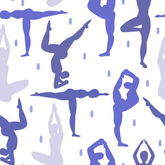 cute funny abstract seamless vector pattern design with very peri asana yoga poses silhouettes and confetti on white background healthy lifestyle concept illustration	