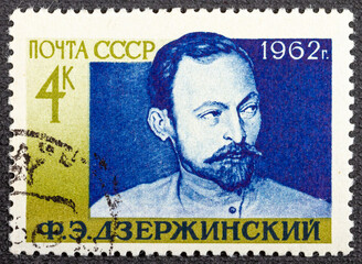 USSR - CIRCA 1962: A stamp printed in USSR shows Felix Edmundovich Dzerzhinsky 1877-1926 , organizer of Soviet secret police, 85th birth anniversary, circa 1962 - obrazy, fototapety, plakaty
