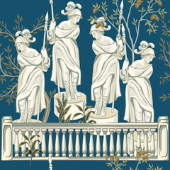 Fototapeta na wymiar Park vintage Italian landscape, gallery, marble sculpture, fruit trees floral seamless pattern blue background. Garden botanical wallpaper.