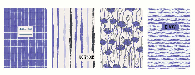 Modèles de page de garde basés sur des motifs avec des bleuets, des carreaux, des taches abstraites. Fonds de couleurs Very Peri de l& 39 année 2022 pour cahiers, blocs-notes, agendas. En-têtes isolés, remplaçables