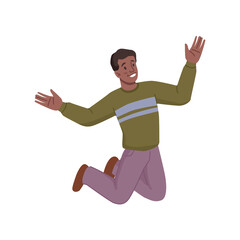 Smiling preteen boy with smiling facial expression, isolated kid jumping. Vector happy personage playing game with stretched hands and legs. Student or young man carefree. Flat cartoon character